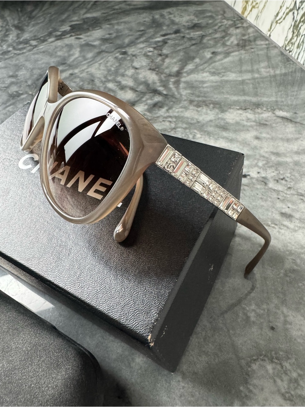 CHANEL Taupe Acetate Sunglasses with Crystal-Studded Temples